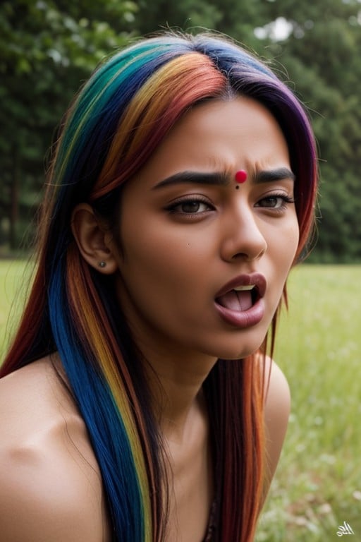 Indienne, Cheveux Multicolores, MaigrePorno IA transsexuelle