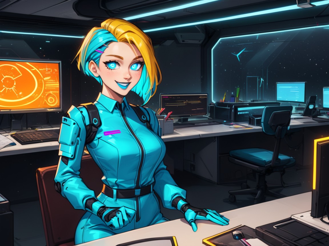 Neón, Wearing Blue Metallic Office Clothes, One Woman Porno latina IA