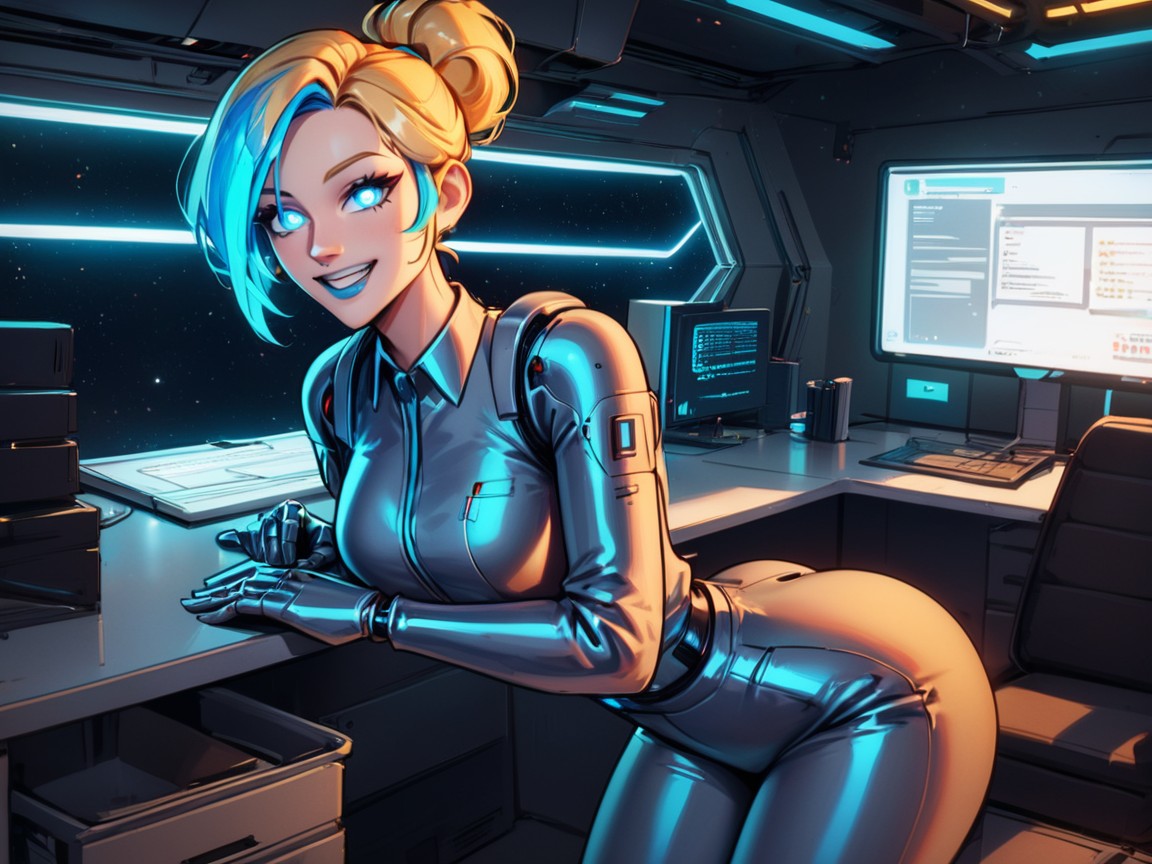 Led Light Accesories, Office, Blue Hair Highlights Latina AI Porn