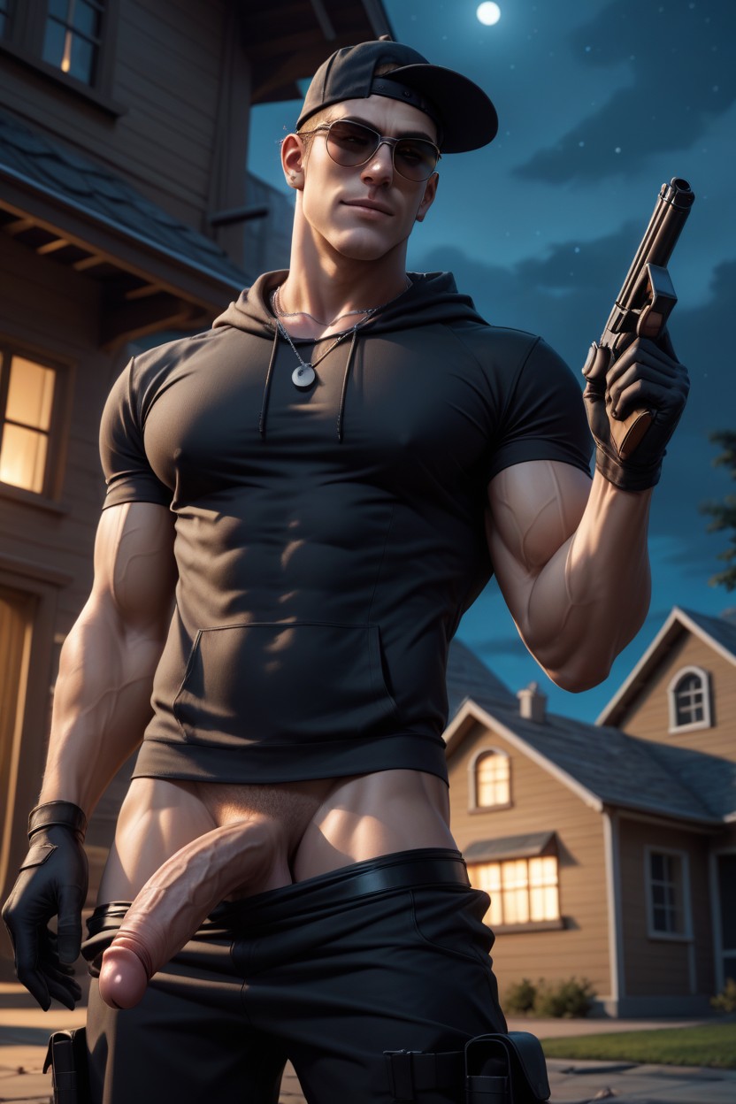 Black Gloves, Underwear Down, Black Pants AI Gay Porn