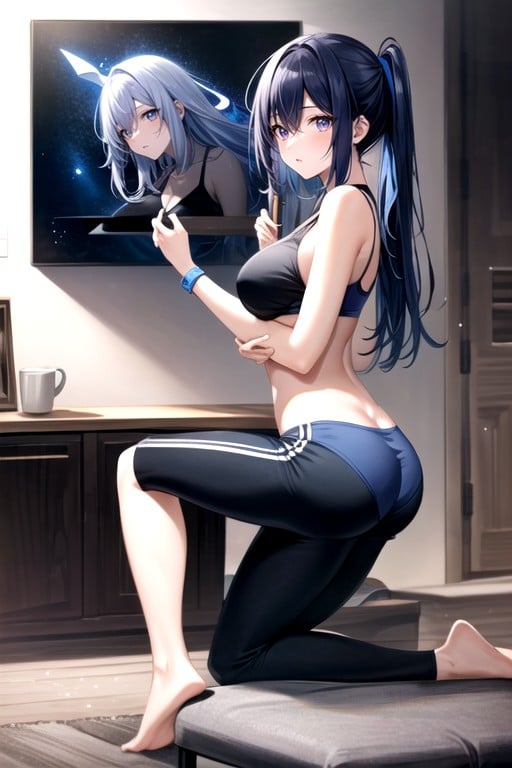 Long Length, Midnight Blue Hair, Full Body Shemale AI Porn