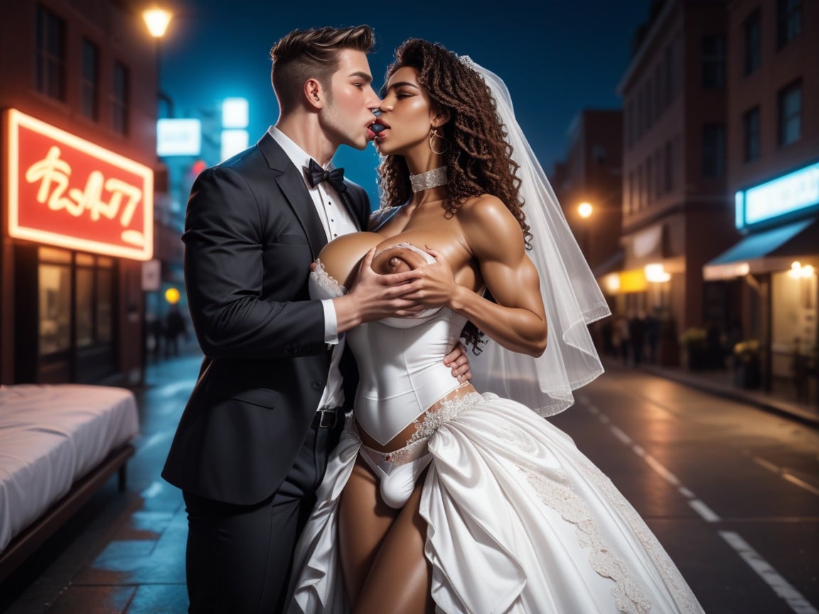Kissing, Feminine Body, Ripped Open White Wedding Dress AI Gay Porn