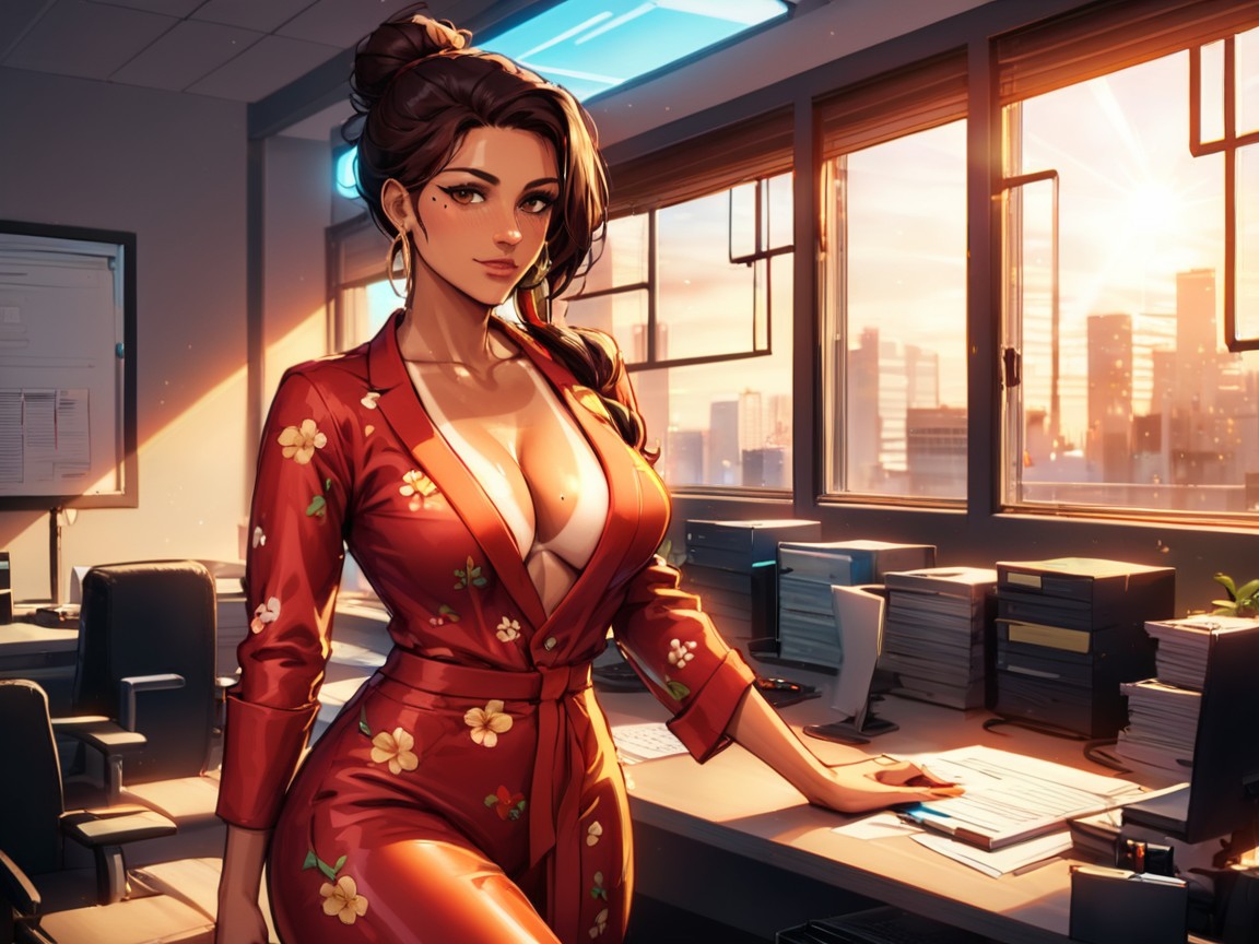Statuesque Body, Vibrant Colors, Wearing Red Floral Print Office Clothes Porno latina IA