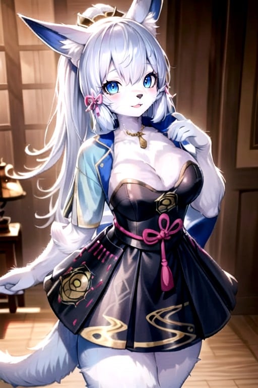 Pale Blue Skin, Glaceon Hair, AgachándoseHentai IA