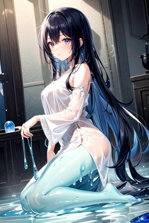 Full Body, Midnight Blue Hair, Translucent Slime SkinHentai IA