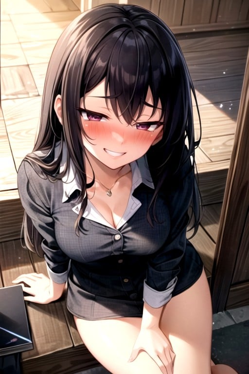 Sitting Down Legs Spread, Top Down, Mischievous (smiling While Blushing) Hentai AI Porn