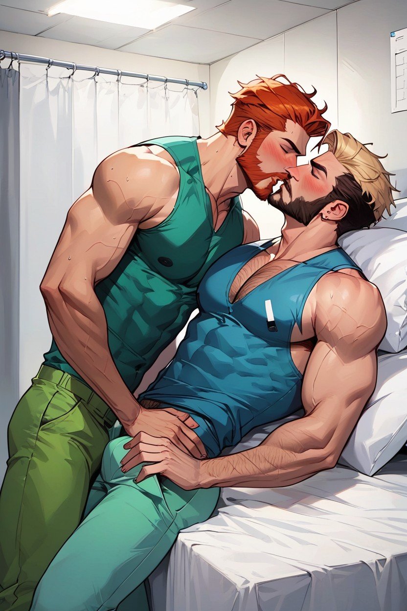 Courte Longueur, First Person Is A White Man With A And Redhead Without A Beard And He Is Wearing A Blue Medical Gawn And He Is Laying On A Hospital Bed And He Is Kissing The Second Person And Pushed Back And His Two Hands Are On The Bed, S'asseoirPorno IA Gay