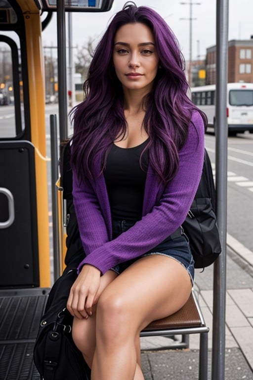 Cabelo Roxo, Ponto De Ônibus, Sentada Travesti IA Pornô