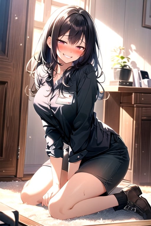 Kneeling, Black Hair, Sfw Hentai AI Porn