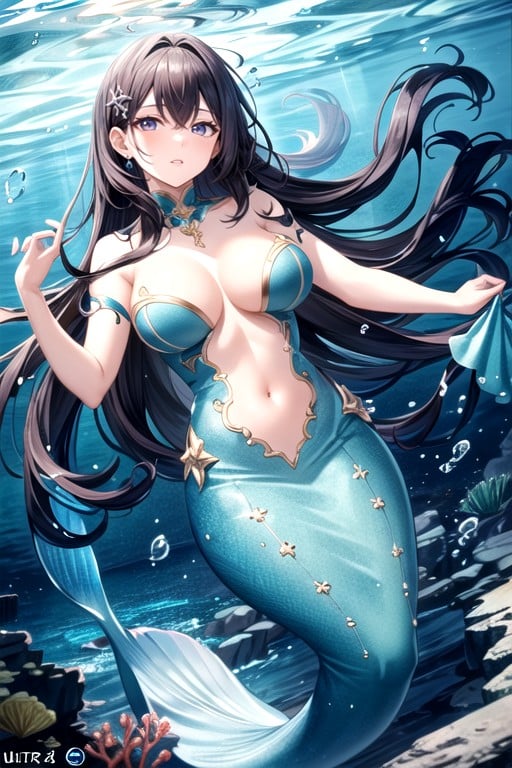 Under Water, One Woman Riding On Mermaid's Back Sea Hentai AI Porn