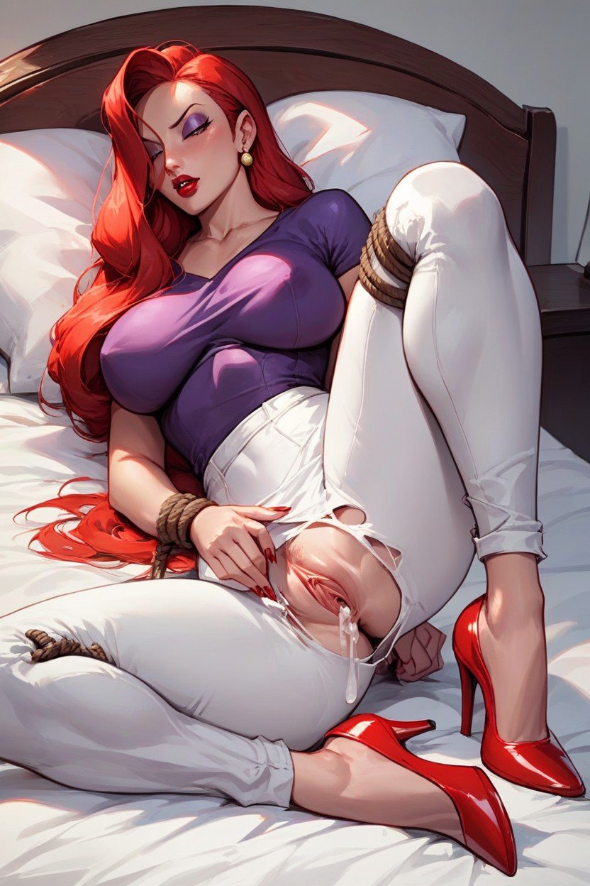 Red Hair Red High Heels Tied Up To Bed Ripped Pants Show Pussy Dripping In Come Ripped T Shirt Tits Show Tied Up To Bed, Jessica Rabbit Hentai Ai Porn人妖AI色情