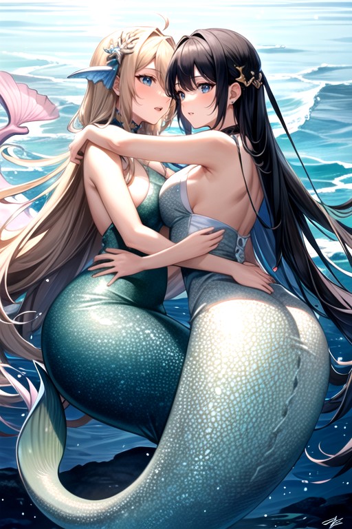 Two Women, One Woman Riding On Mermaid's Back, Sea헨타이 AI 포르노