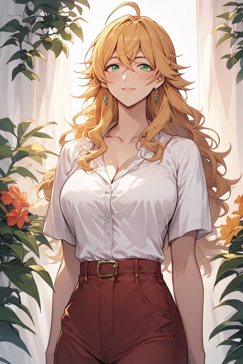 Medium Wavy Yellow Hair, Green Eyes, AhogeHentai IA