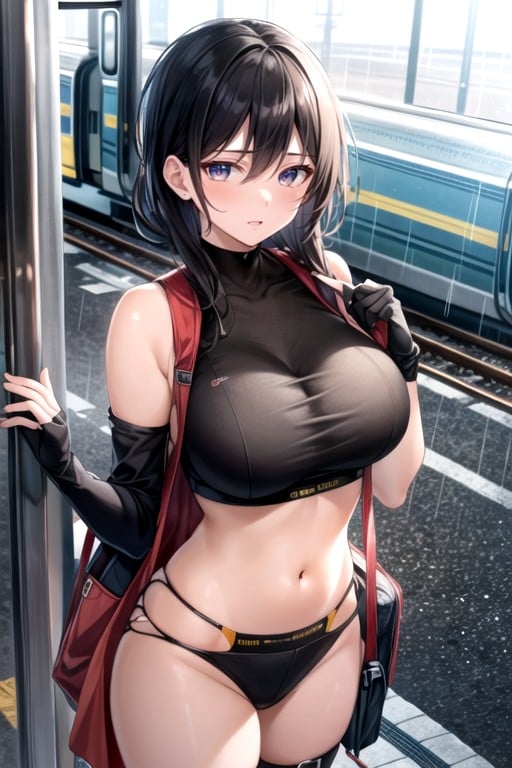 Natural Breast, Train Station, Fingerless Gloves Hentai AI Porn