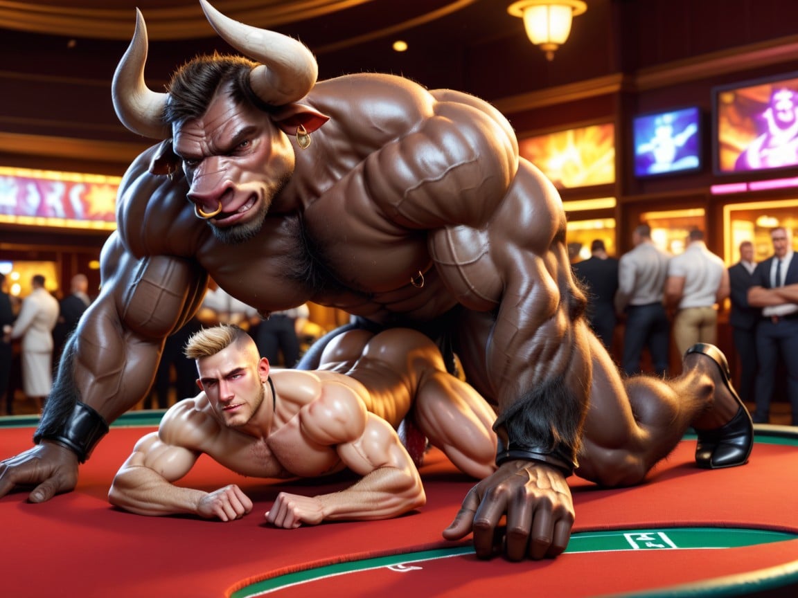 Casino, Showing Viewer Muscular Hairy Body Minotaur, Noir AI Gay Porn