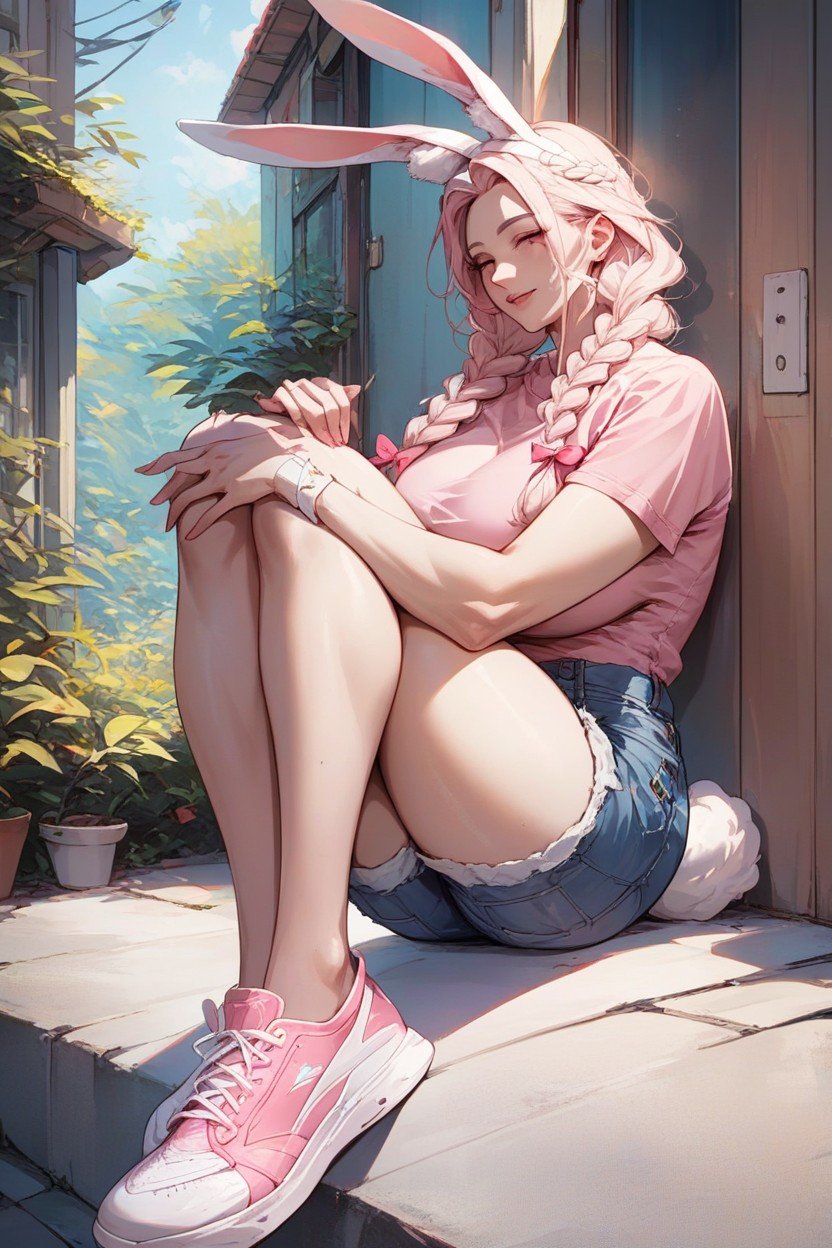 Long Ears, Cream Body Color, Denim Shorts Hentai IA pornografia