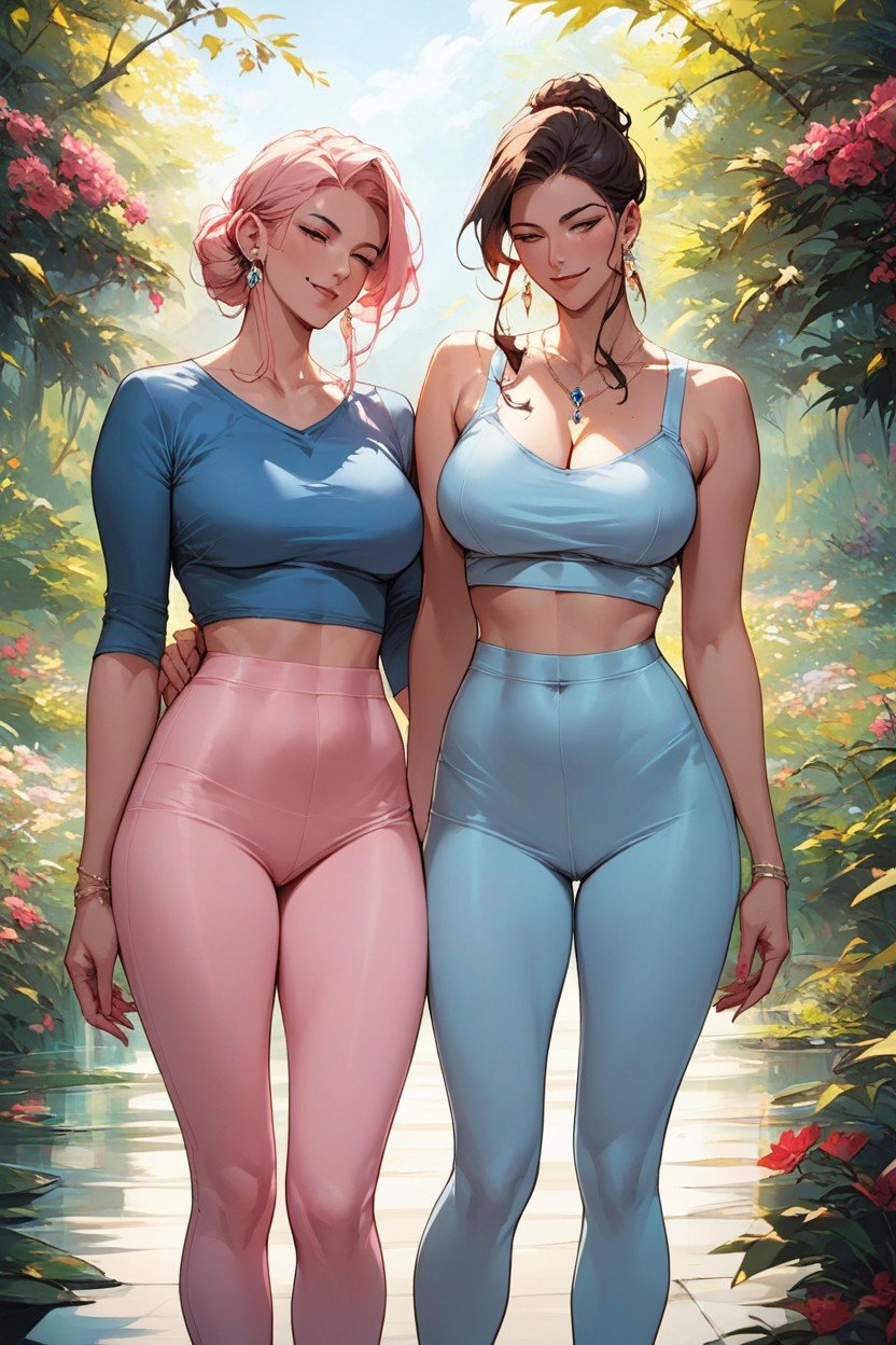 The Other In A Blue Top And Leggings, Two Women, One In A Pink Top And Leggings Hentai IA pornografia