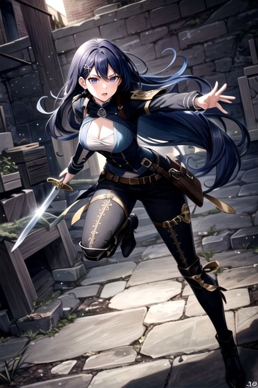 Steampunk, Sword, Dark Blue Hair Hentai AI Porn