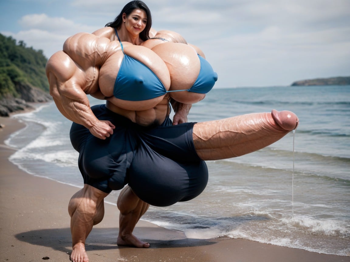 Hyper Gigantic Massive Testicles, Pubic Hair, Long Black Hair Shemale AI Porn