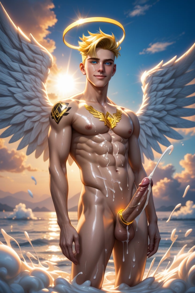 Masculine Feet Tall Angel, Low Picopicos School, Metallic Gold Tattoo AI Gay Porn