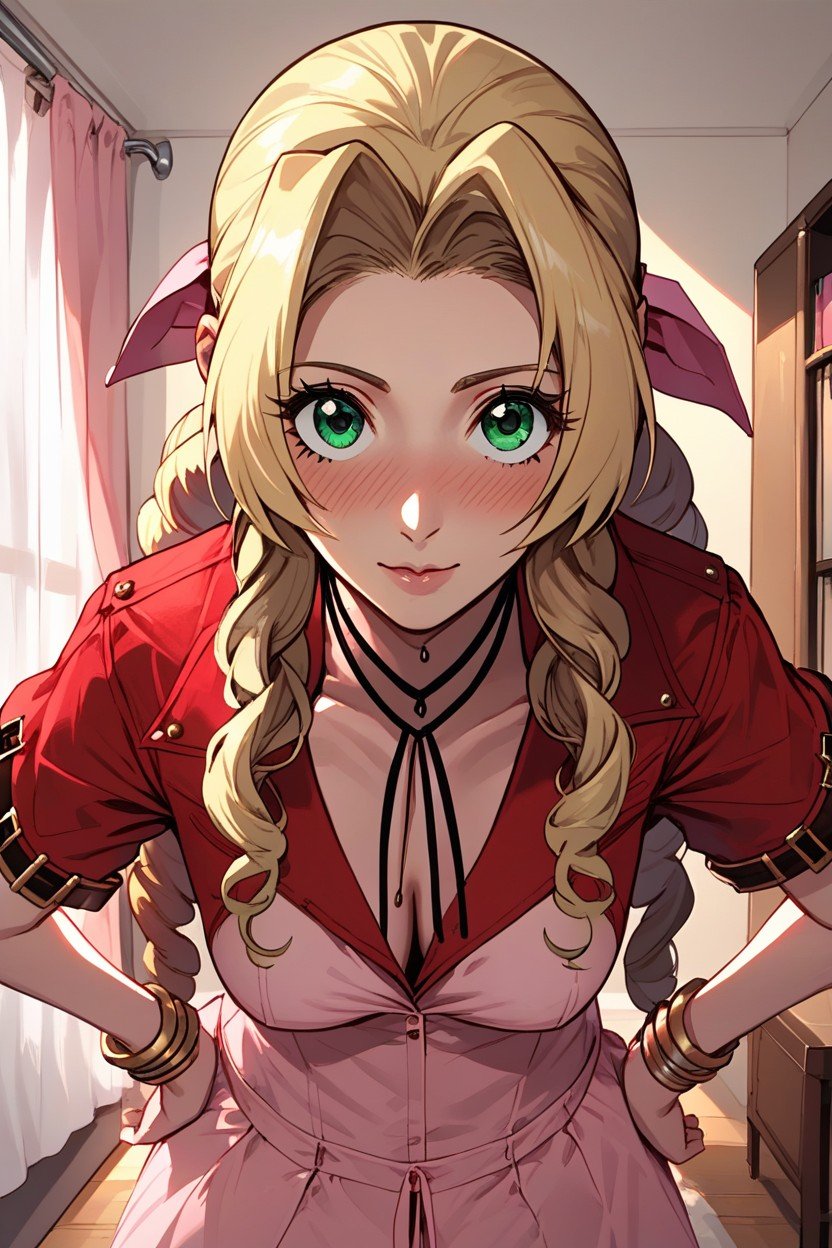 Hands On Hips, Blushing, Wearing Aerith Outfit Hentai AI Porn