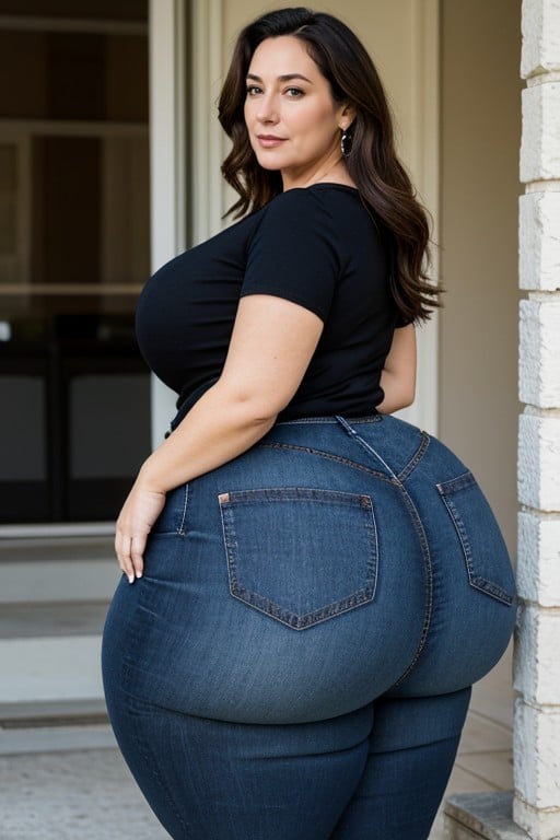 Supporting Ass With Hands, Extremely Large Hyper Booty, Wearing Black T Shirt 人妖AI色情