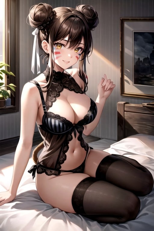 Black Stockings, Sitting On A Bed, Brown HairHentai IA