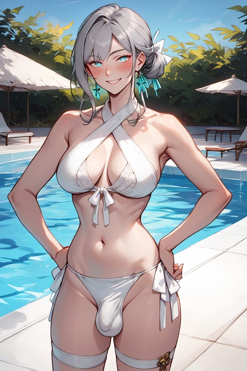 Cocks Bulge In Swimsuits, White Thigh Strap, Straight HairHentai IA