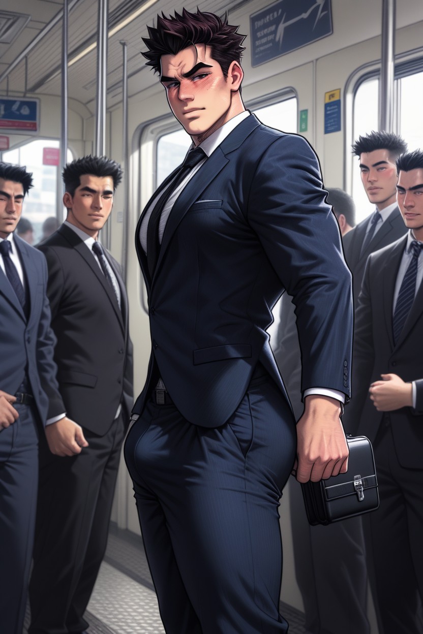 Big Pectorals, Arms Held Behind Back, Inside Of Subway Train AI Gay Porn