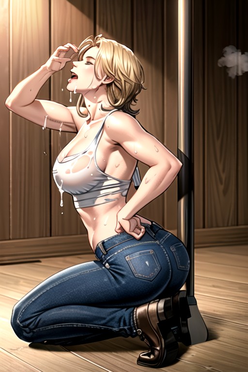 Precum On Cock, Pulled Down Jeans, Hard Throbbing Cock Visible 게이 AI 포르노