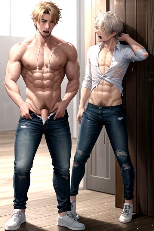 Open Mouth Screaming, Shaggy Hairstyle, Opened Jeans AI Gay Porn