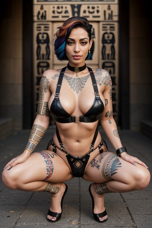 Cheveux Multicolores, Coupe Pixie, Big Egyption TattoosPorno IA transsexuelle