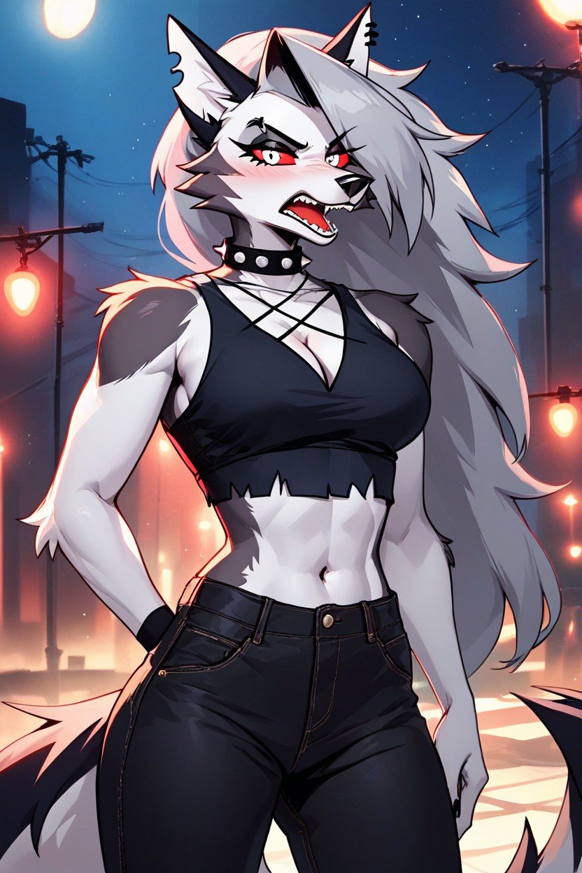 Fully Clothed, Loona, Wearing A Black Sports Bra Under A Gray Mesh Crop Top Furry KI Porno