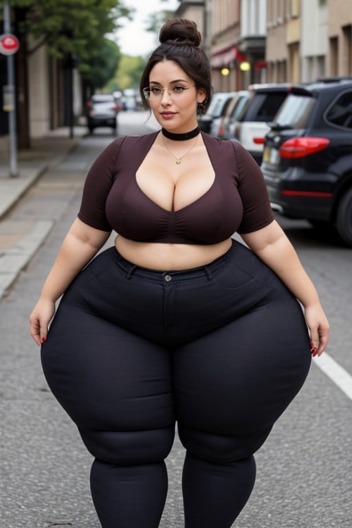 Burgundy Leggings Pants Jeans, Square Glasses, Disproportionately Hyper Wide Hips Shemale AI Porn