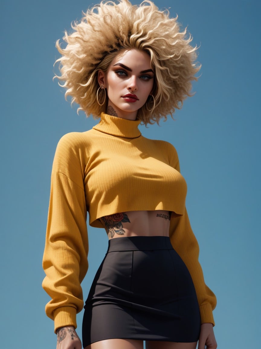 Peito Pequeno, Blonde Messy Afro, Tattoos Travesti IA Pornô