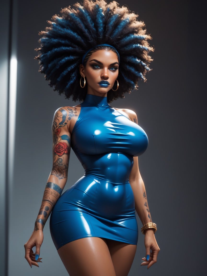 Huge Blue Afro, Tattooed, Peito Pequeno Travesti IA Pornô