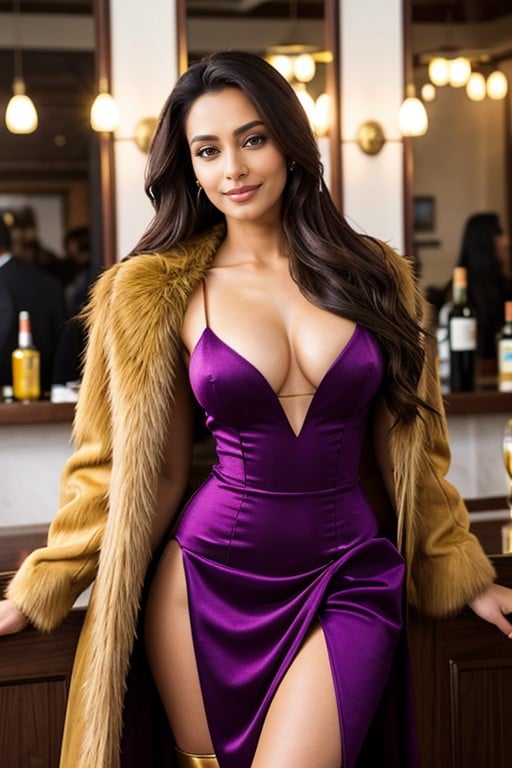 全身, She Wears A Yellow Fur Fluffy Fur Trim Dress With A Yellow Fur Fluffy Corset Underneath With Beautiful Over The Knee Boots With Stiletto Heels, 紫色眼睛AI黃漫