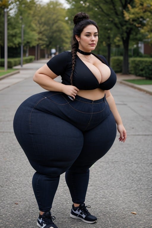 Burgundy Leggings Pants Jeans, Hyper Huge Ass, Navy Blue Shirt Shemale AI Porn