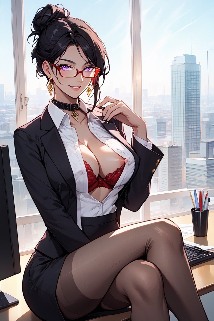 Lace Pantyhose, Hand Grabbing Collar Break Woman Wearing Open White Button Shirt, Black Hair Tied In A Bun Breakday Hentai AI Porn