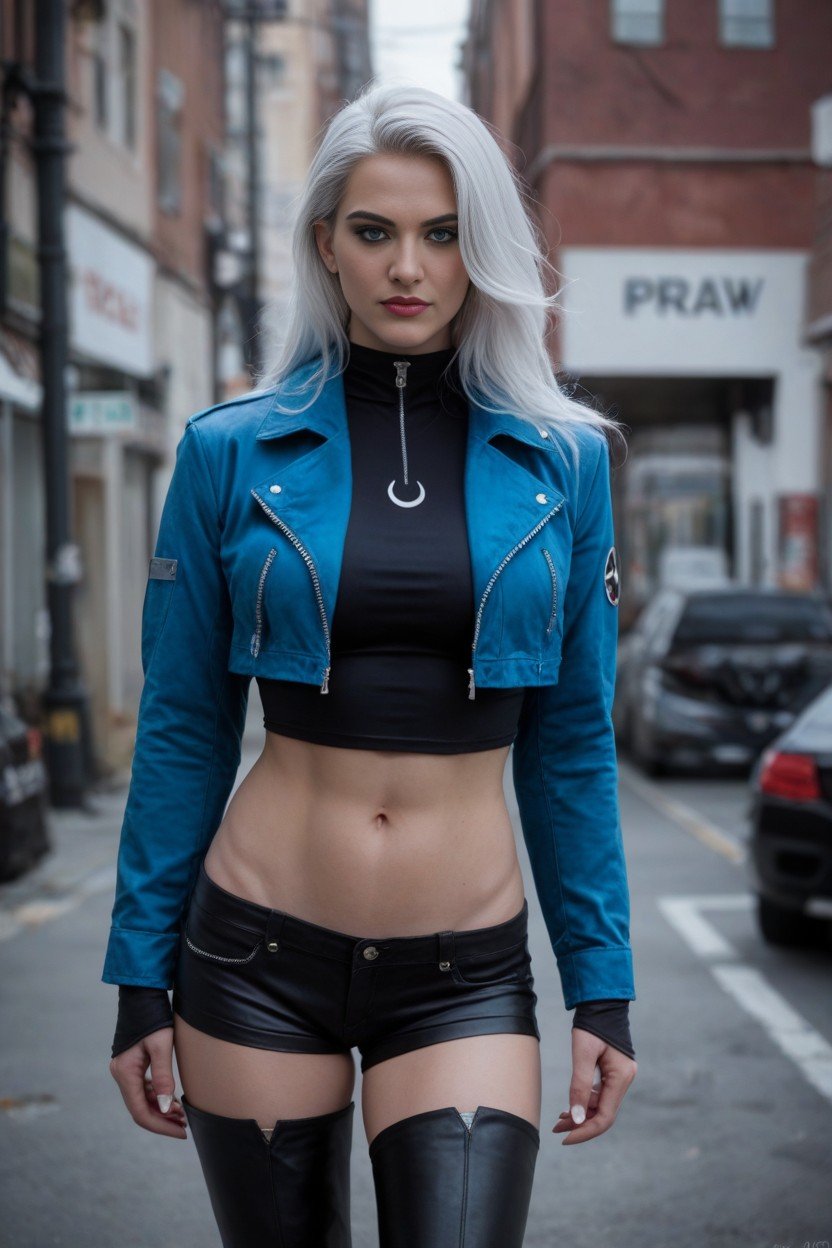 Black And Blue Crop Jacket With Glowing Accents, White And Blue Asymmetrical Crop Top, White High Waisted ShortsPorno shemale IA