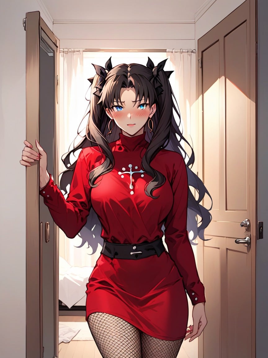 Rin Tohsaka Fate Anime Clothes Outfit, In The Doorway, Standing Travesti IA Pornô