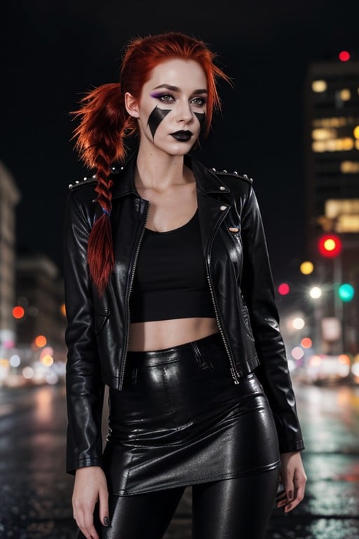 땋은 머리, White Face Paint, Black Leather Skirt쉬메일 AI 포르노