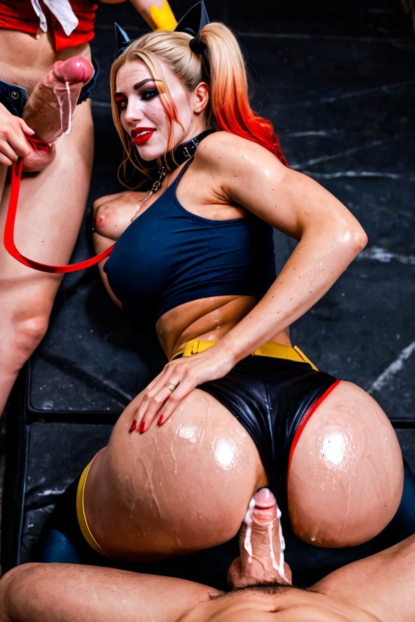 After Sex, Futa Harley Quinn And Futa Batgirl Spitroast Robin, Collar (restraints) Shemale AI Porn