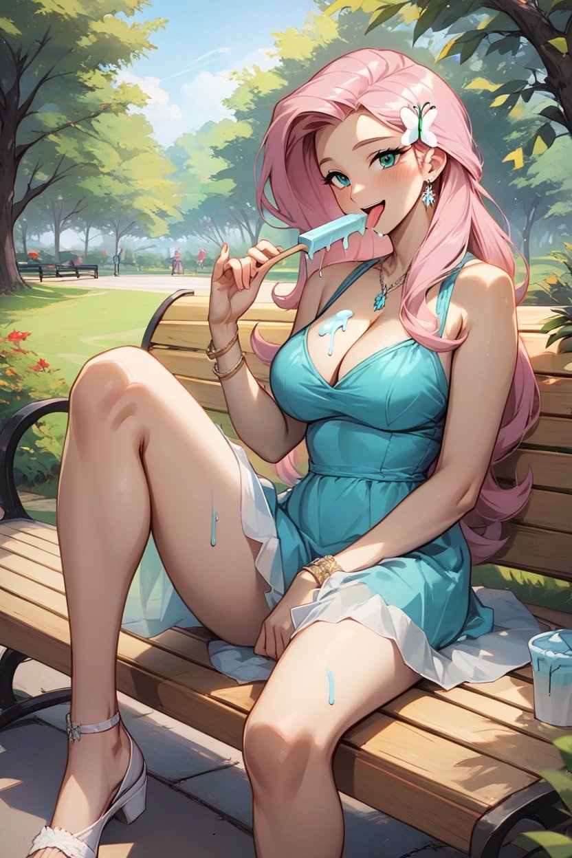 Side View, Leaning Back Against Bench, Cleavage Hentai AI Porn