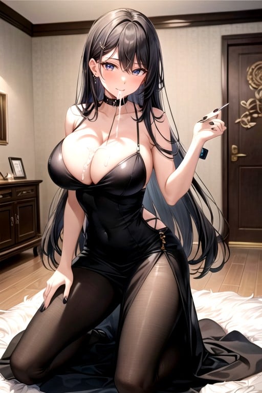 Happy Face, Black Hair, Long Dress Shemale AI Porn