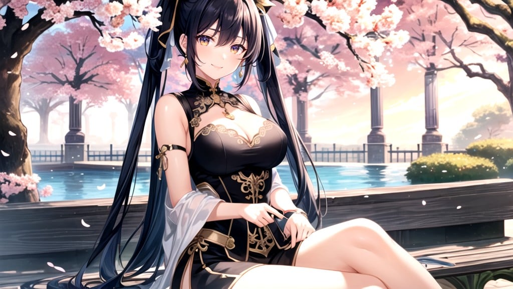 Sitting On Ornate Bench, Cherry Blossom Garden, Smiling Softly Hentai AI Porn