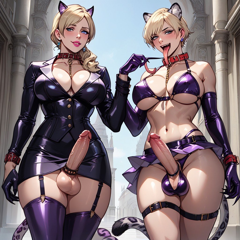 Dark Purple Latex Gloves With Claws, Leopard Ears, 가슴을 쥐어 짜다쉬메일 AI 포르노