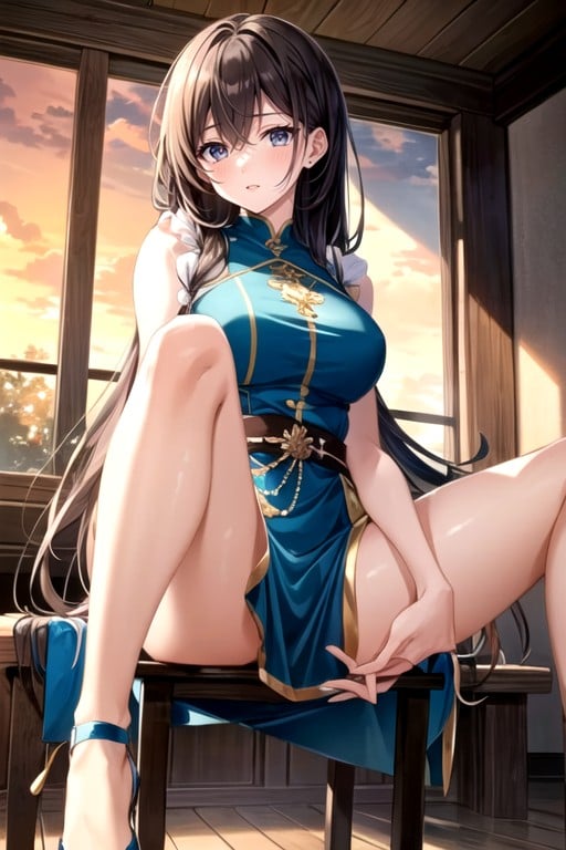 Sentada Com Pernas Abertas, Pôr Do Sol, 1 Pessoa Hentai IA pornografia