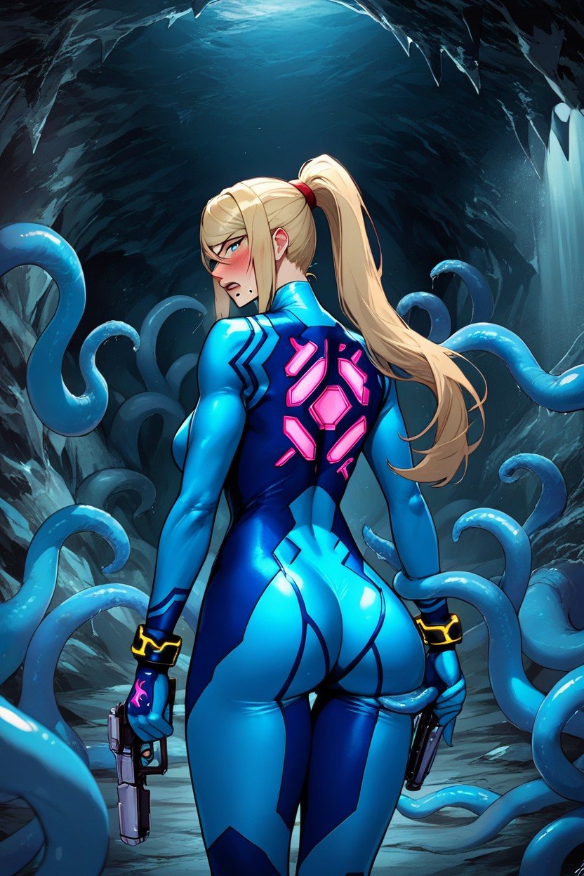 Blonde, Tentacle Pulling On Body Suit, 洞窟ヘンタイAIポルノ