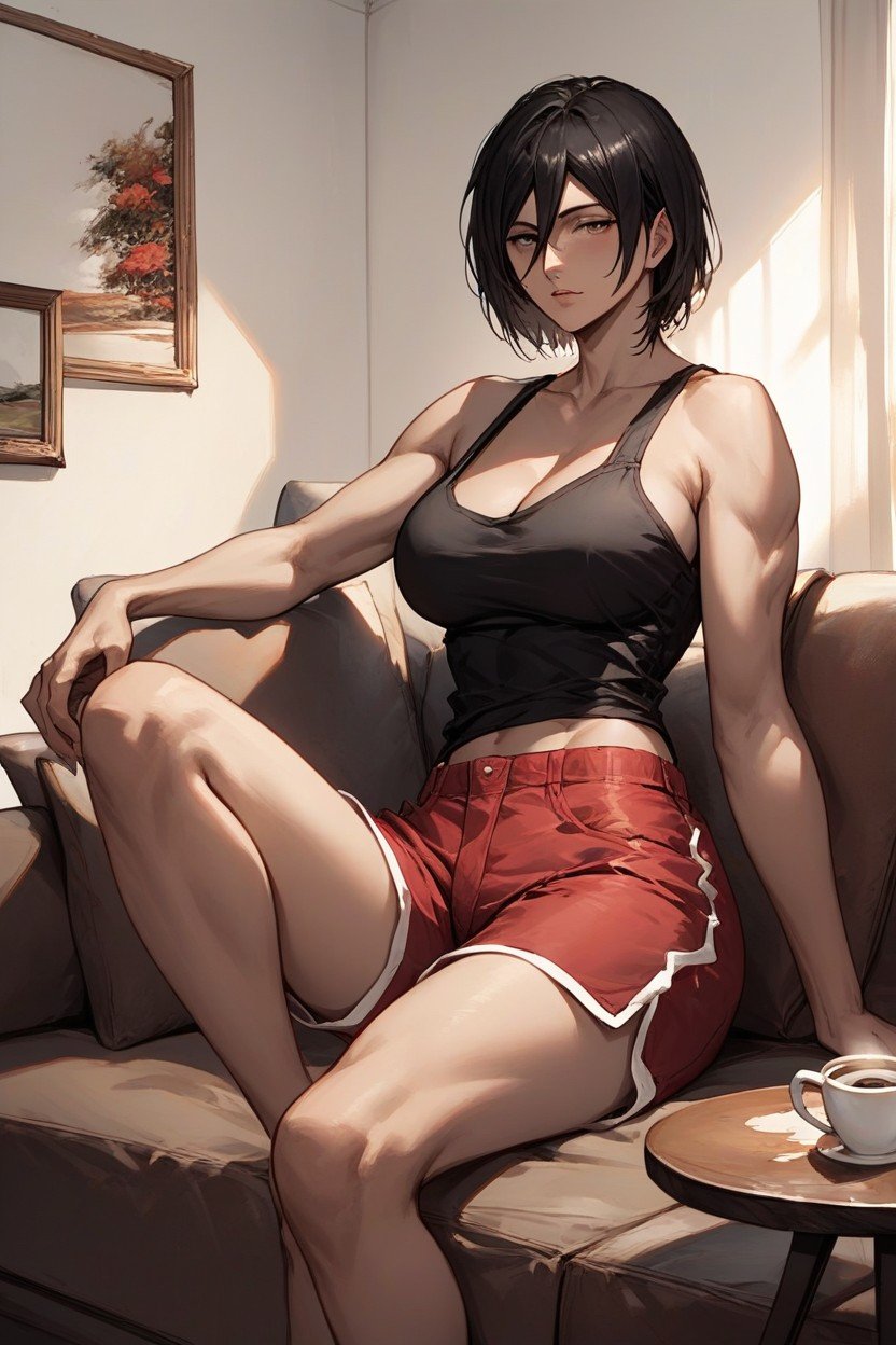 Mikasa Ackerman, Salón, Sitting On A Couch Hentai IA